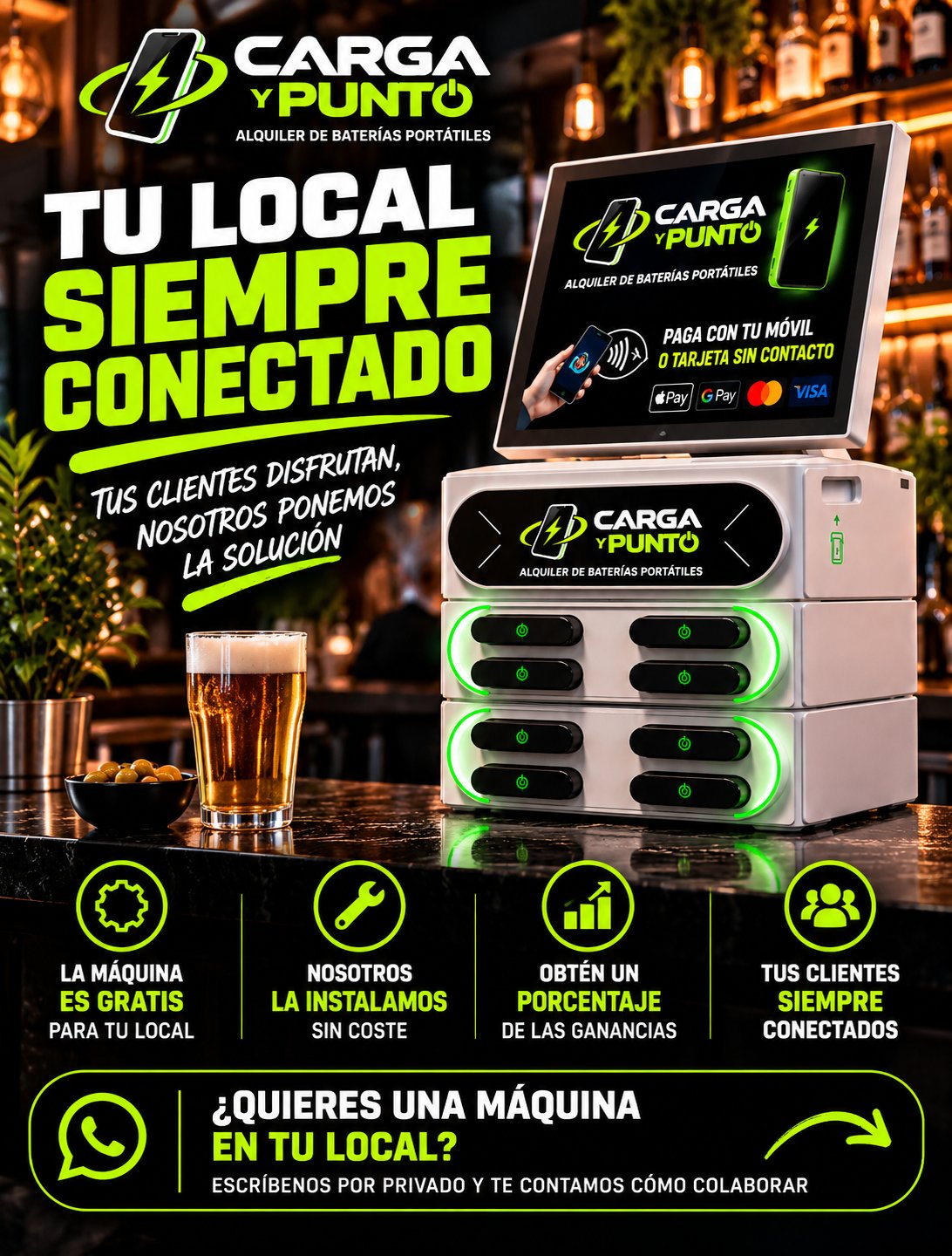 Máquina Carga y Punto en la barra de un bar: la máquina es gratis para tu local, la instalamos sin coste y obtienes un porcentaje