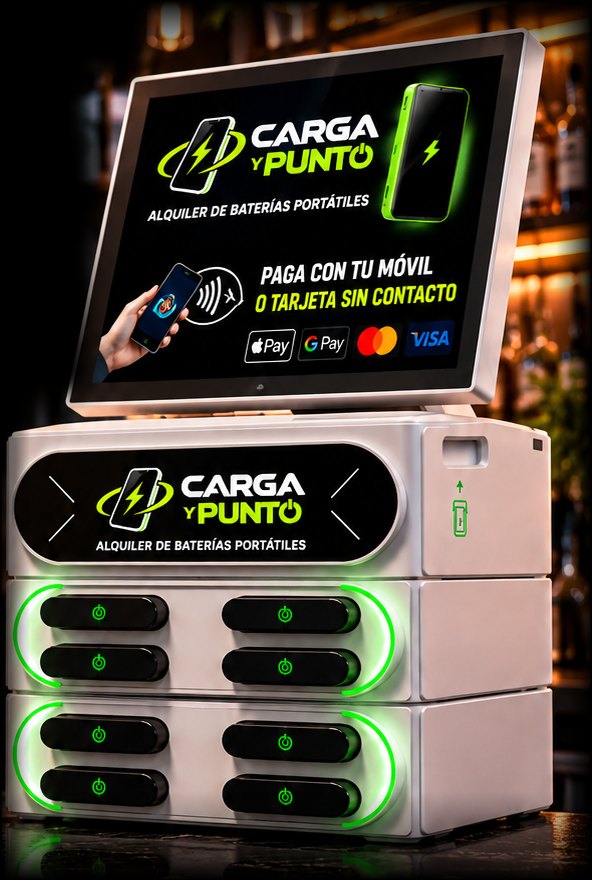 Máquina de alquiler de baterías portátiles Carga y Punto con pantalla y compartimentos de powerbanks